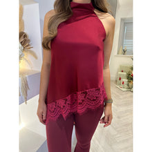 Burgundy Lace Trim Asymmetric Satin Top