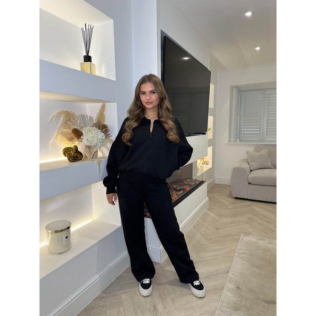 Black Zip Up Bomber Style Lounge Set