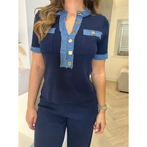 Navy Denim Trim Fine Knit Lounge Co Ord
