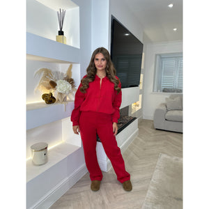 Red Zip Up Bomber Style Lounge Set