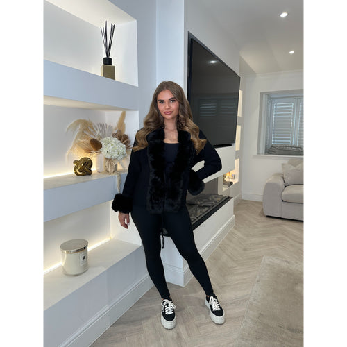 Black Faux Fur Drawstring Knitted Cardigan