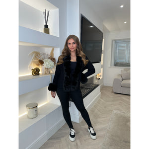 Black Faux Fur Drawstring Knitted Cardigan