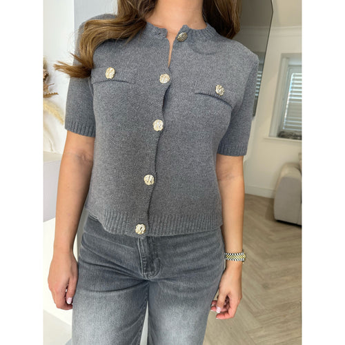 Grey Round Neck Knitted Button Top