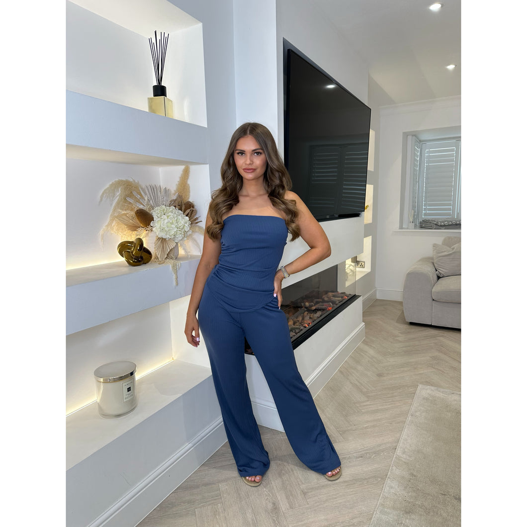 Denim Blue Strapless Textured Wide Leg Set