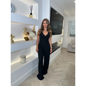 Black V Neck Crinkle Lace Trim Lounge Set
