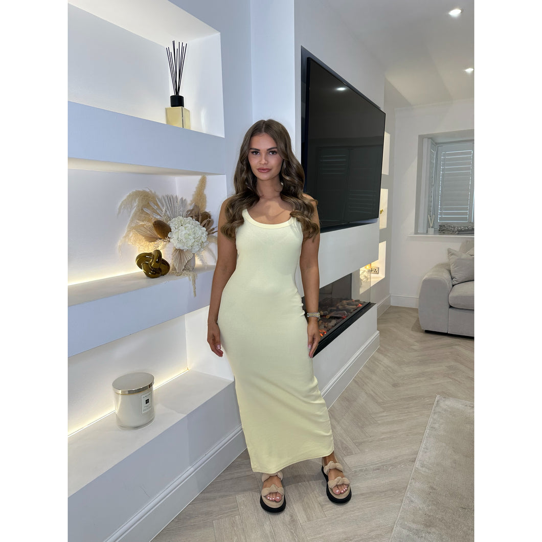 Butter Yellow Ribbed Bodycon Midi Dress