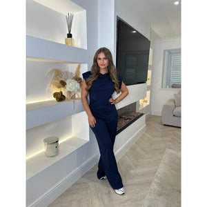 Navy Drape Asymmetric Detail Wide Leg Co Ord
