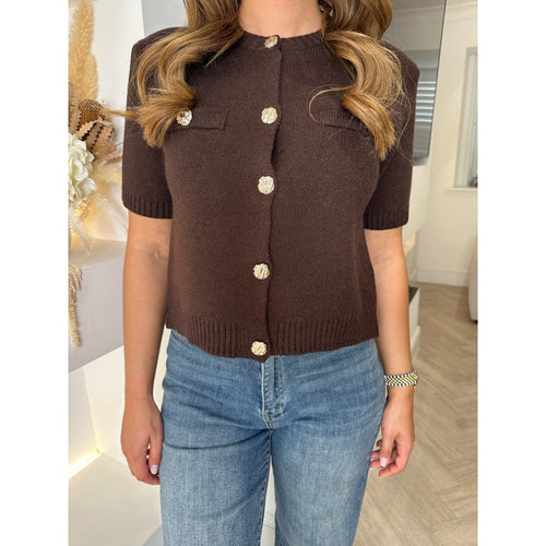 Chocolate Brown Round Neck Knitted Button Top