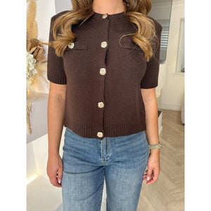Chocolate Brown Round Neck Knitted Button Top