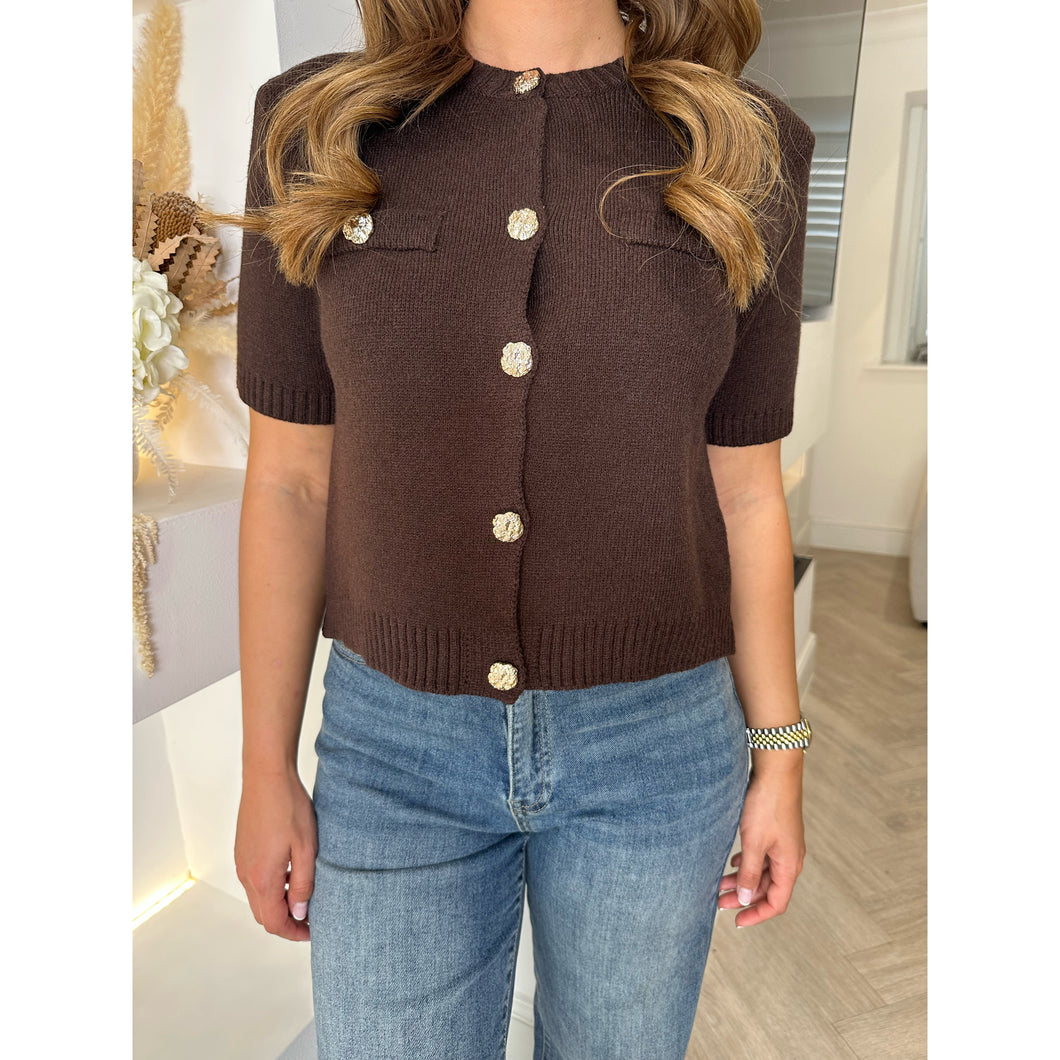 Chocolate Brown Round Neck Knitted Button Top
