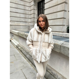 Cream Faux Fur Knit Detail Puffer Coat