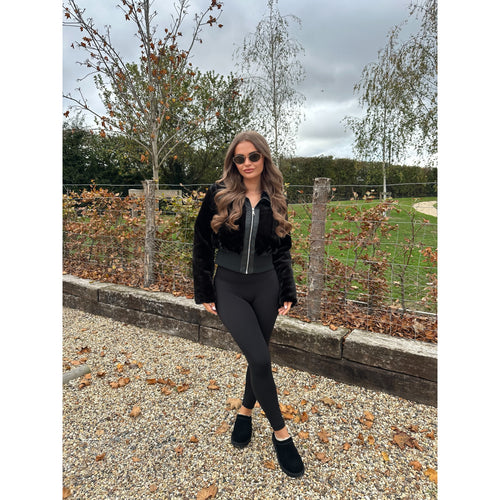 Black Faux Fur Zip Short Bomber Jacket
