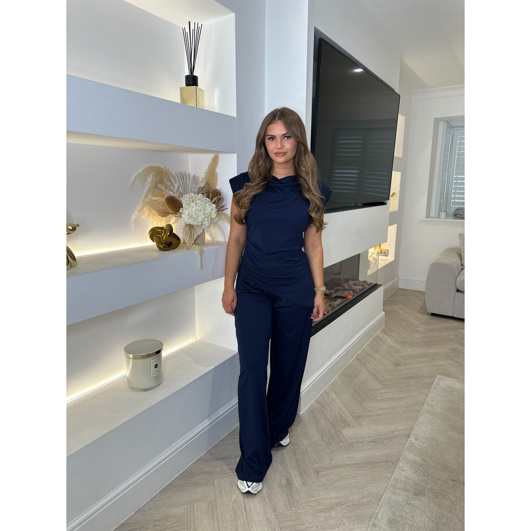 Navy Drape Asymmetric Detail Wide Leg Co Ord