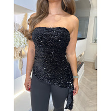 Black Asymmetric Drape Sequin Strapless Top