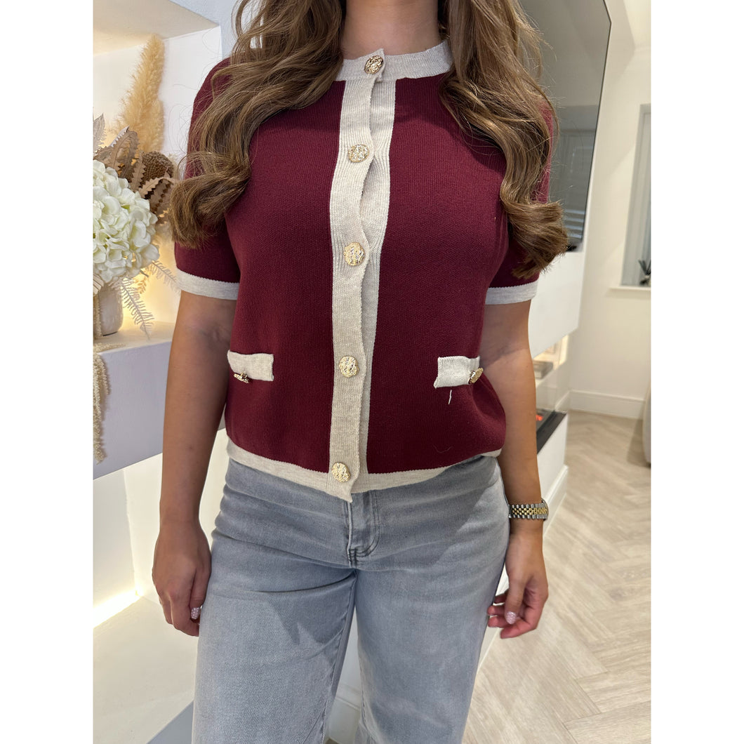 Burgundy Contrast Trim Button Knitted Top