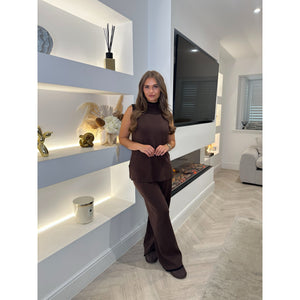 Chocolate Brown Contrast High Neck Lounge Set