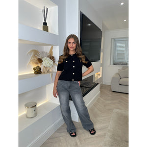 Black Round Neck Knitted Button Top