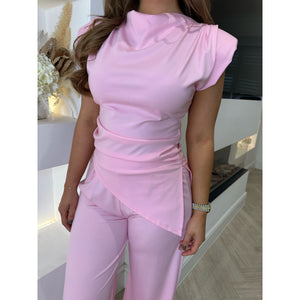 Baby Pink Drape Asymmetric Detail Wide Leg Co Ord