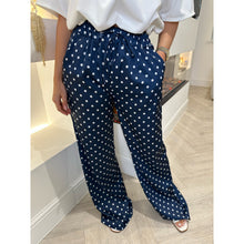 Navy Polka Dot Satin Wide Leg Trousers