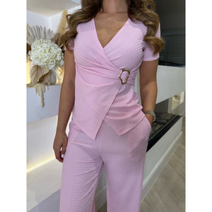 Baby Pink Crinkle Buckle Detail Wrap Lounge Set