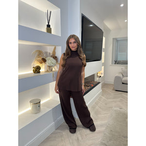 Chocolate Brown Contrast High Neck Lounge Set