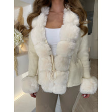Cream Faux Fur Drawstring Knitted Cardigan