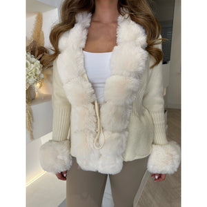 Cream Faux Fur Drawstring Knitted Cardigan