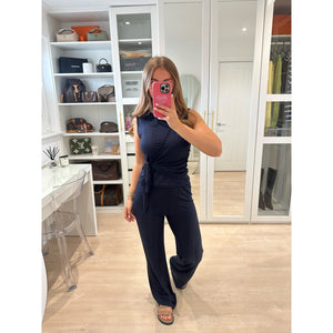 Navy Textured Tie Detail Lounge Set