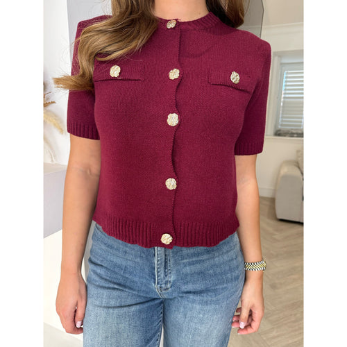 Burgundy Round Neck Knitted Button Top