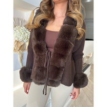 Chocolate Brown Faux Fur Drawstring Knitted Cardigan