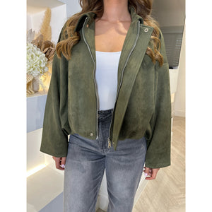 Khaki Oversized Faux Suede Bomber Jacket