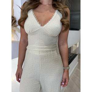 Beige V Neck Crinkle Lace Trim Lounge Set