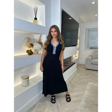 Black Denim Trim Button Detail Midi Dress