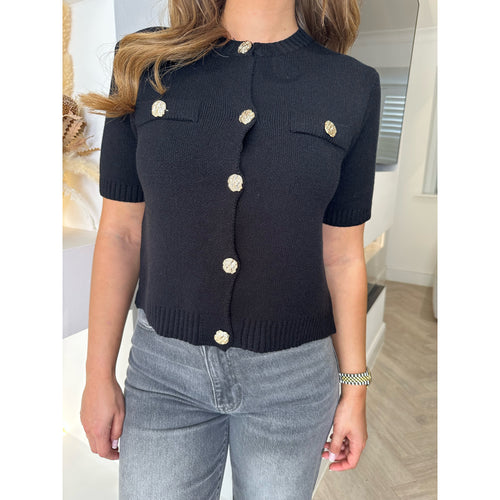Black Round Neck Knitted Button Top