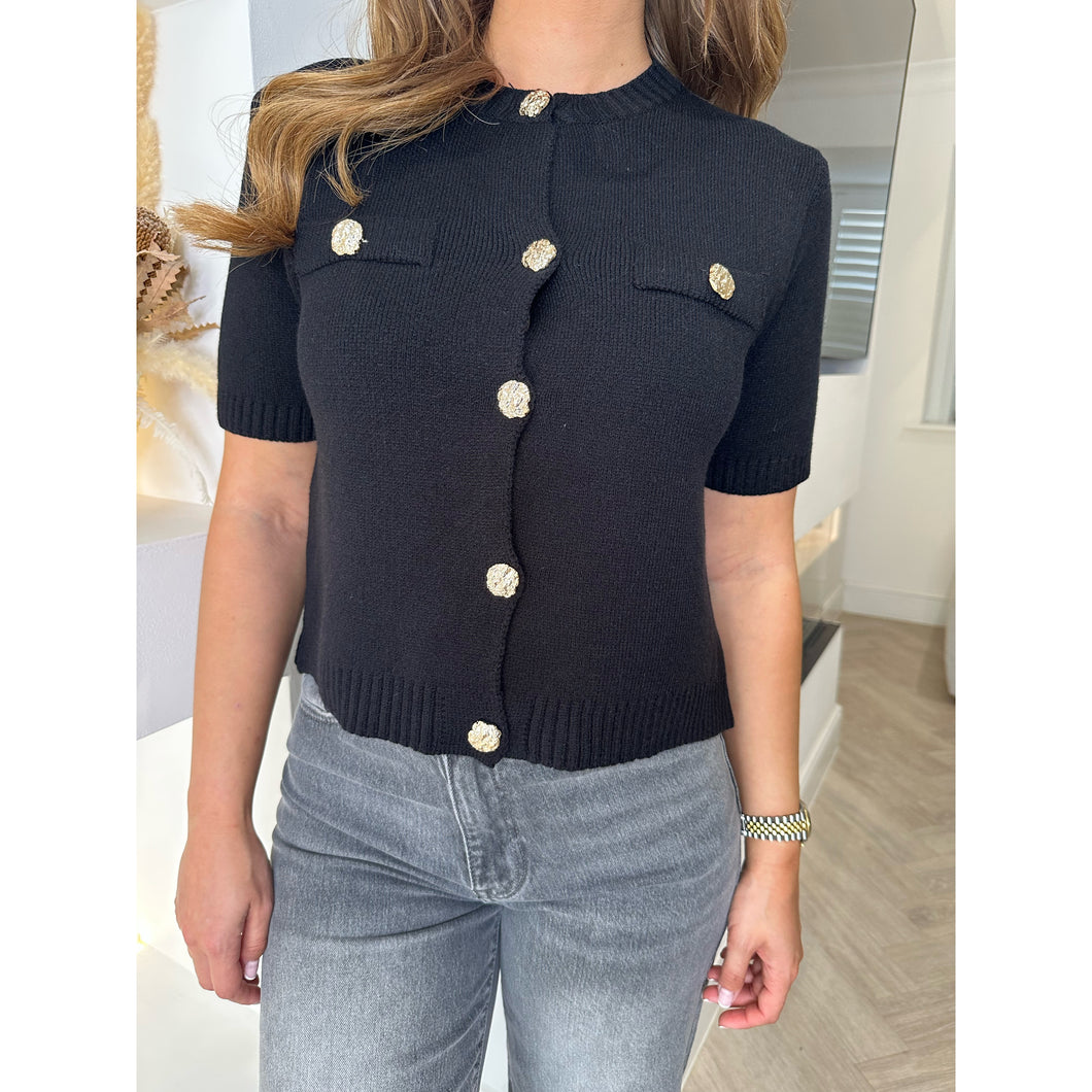 Black Round Neck Knitted Button Top