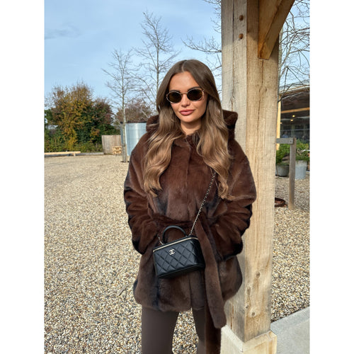 Chocolate Brown Hooded Belted Faux Fur Coat