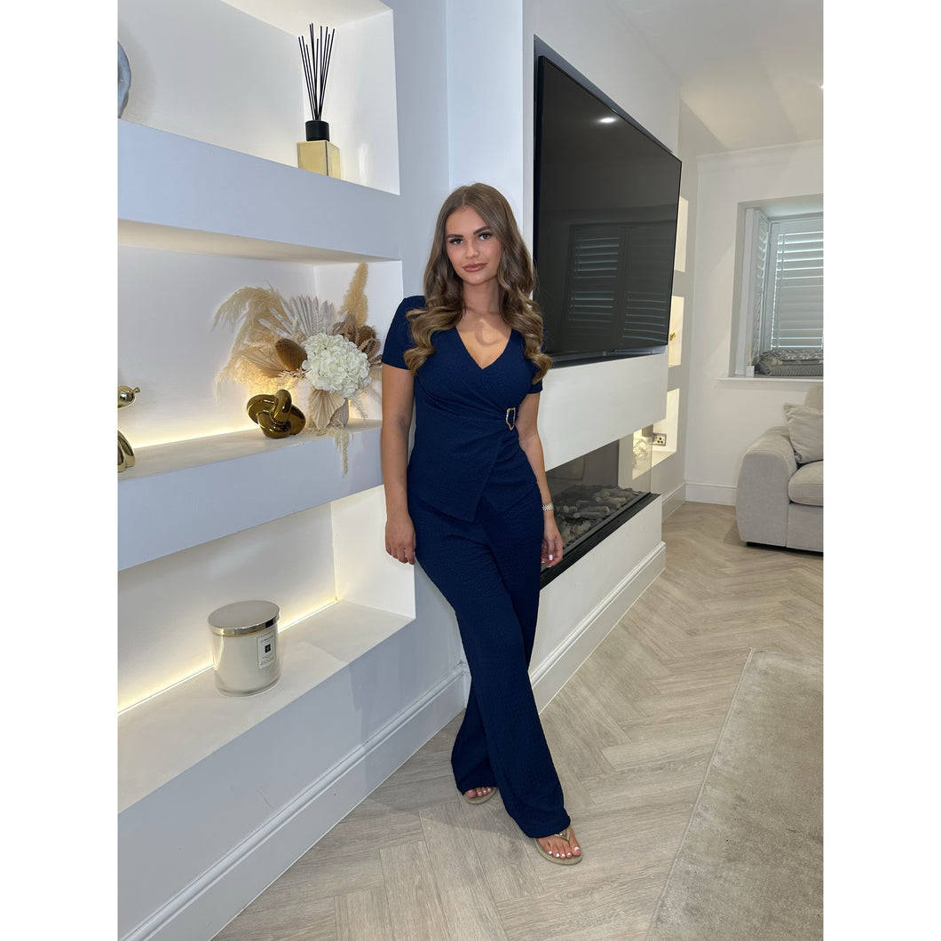 Navy Crinkle Buckle Detail Wrap Lounge Set