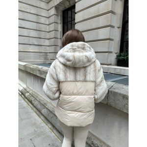 Cream Faux Fur Knit Detail Puffer Coat