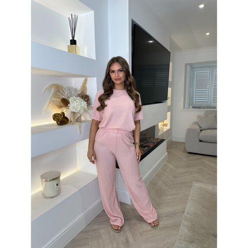 Light Pink Crinkle Textured Wide Leg Lounge Set