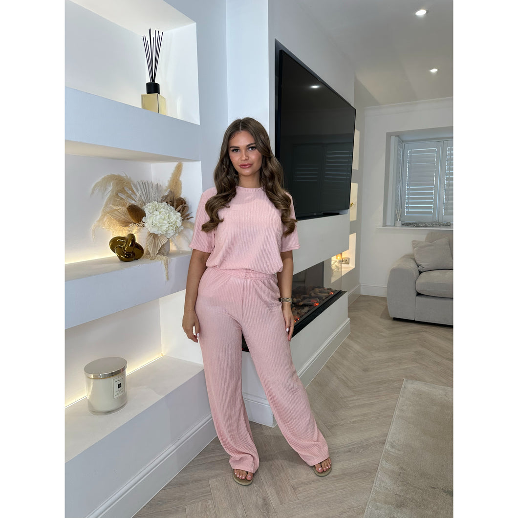 Light Pink Crinkle Textured Wide Leg Lounge Set