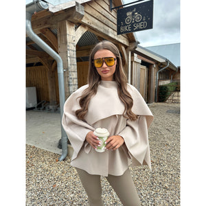 Beige Scarf Detail Poncho Cape