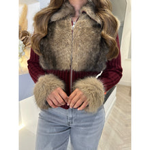 Burgundy Faux Fur Zip Knitted Cardigan