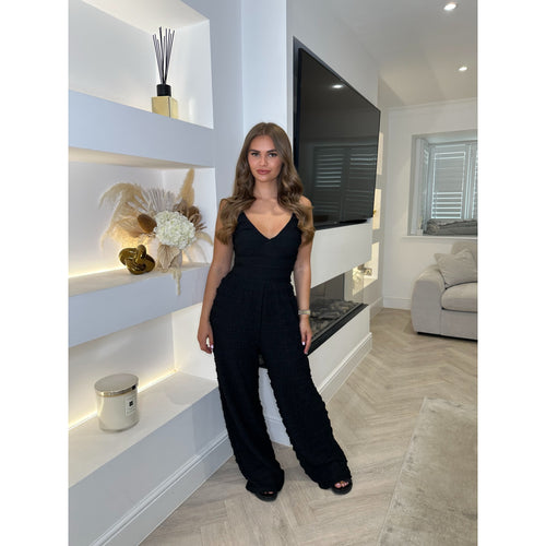 Black V Neck Crochet Jumpsuit