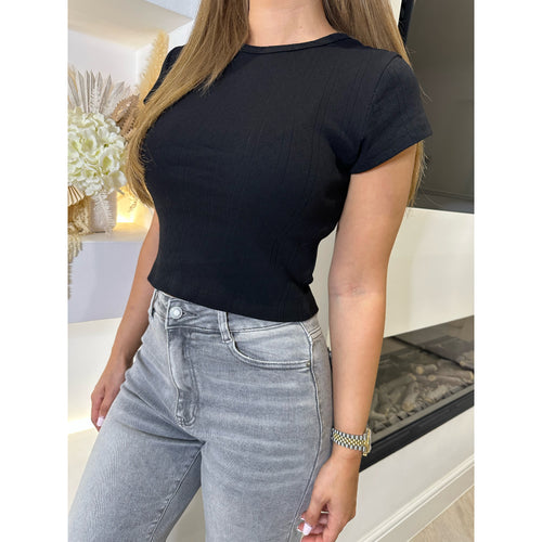 Black Pointelle Cropped T-Shirt