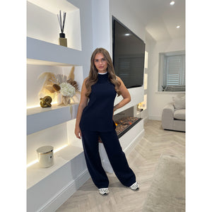 Navy Contrast High Neck Lounge Set