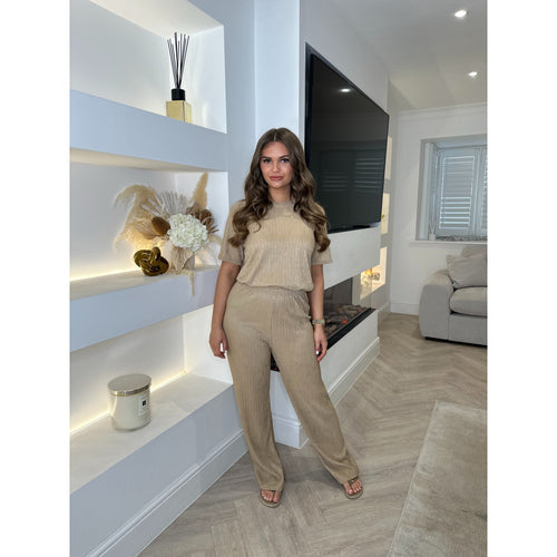 Camel Crinkle Textured Wide Leg Lounge Set