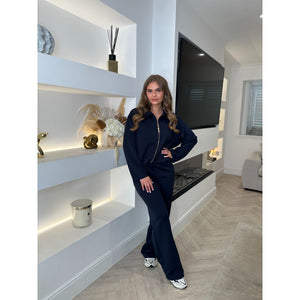 Navy Collared Zip Bubble Hem Lounge Set