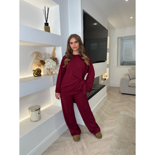 Burgundy Tie Detail Wide Sleeve Lounge Set