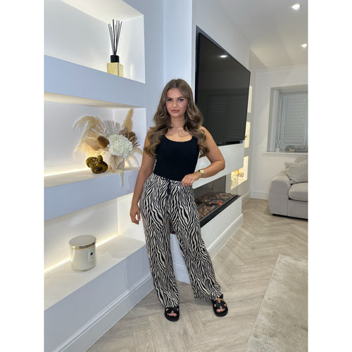 Beige & Black Zebra Print Wide Leg Trousers