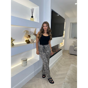 Beige & Black Zebra Print Wide Leg Trousers